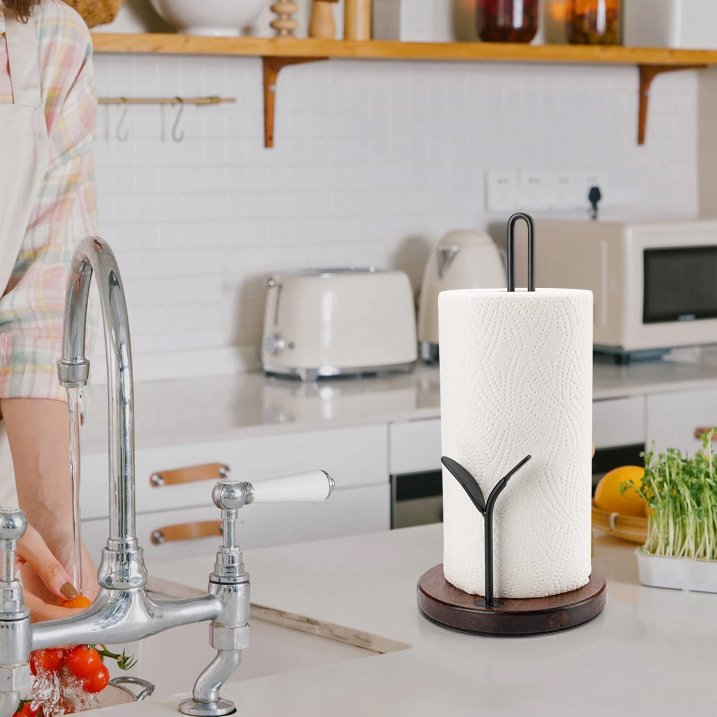 Paper Towel Holder Countertop, Wood Paper Towel Holder Stand, Easy One-Handed Tear Rustic Paper Roll Holder for Kitchen Dining Table Home Decor, High Model Easy to Install(for 11" Paper)