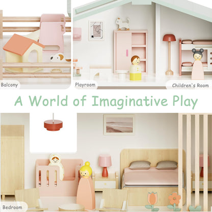 Fabuday Modern Wooden Doll House for Kids Girls - Toddler Dollhouse with 8 Rooms Playset, DIY Pretend Play Houses Toy Kits with 81 Pcs Furniture Accessories, Dolls & Pets, Gift for Ages 3+