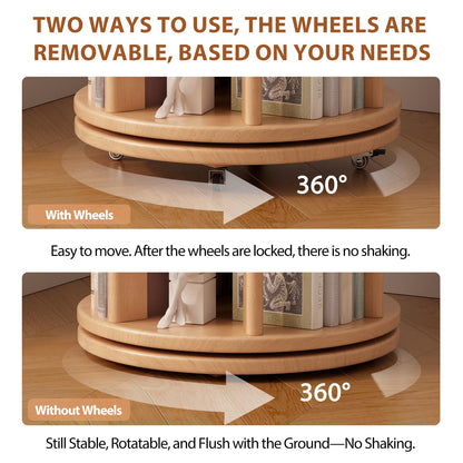 Muwuele Solid Wood Rotating Bookshelf on Wheels, 6 Tier, Round Revolving Bookcase, 360° Spinning Book Shelf Tower for Kids, Narrow Rolling Bookshelves for Small Space, Corner, Bedroom, Office, Natural