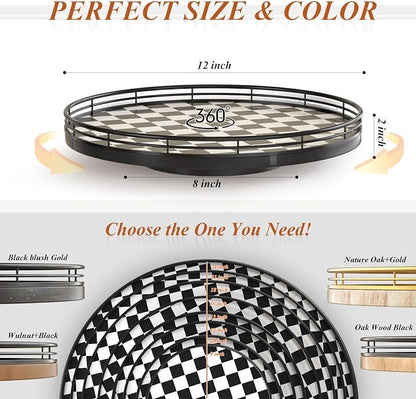 Black and White Kitchen Lazy Susan Turntable – Round Checkered Decorative Tray, 12” Table Top Oak Wood Lazy Susan for Cookies, Dining Table Organizer, Small Kitchen Table Centerpiece