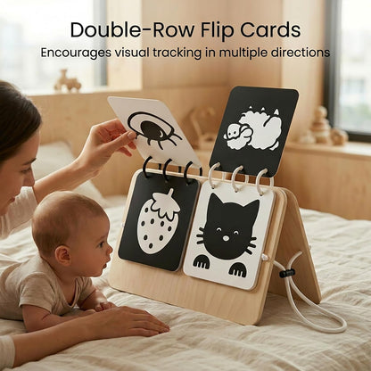 Woodtoe 2-in-1 Tummy Time Mirror, 0-180°Adjustable Angle Montessori Baby Toy, Double-Sided Design with High Contrast Black & White Cards, Shatterproof Baby Mirror for 0-18 Months Newborns Infants