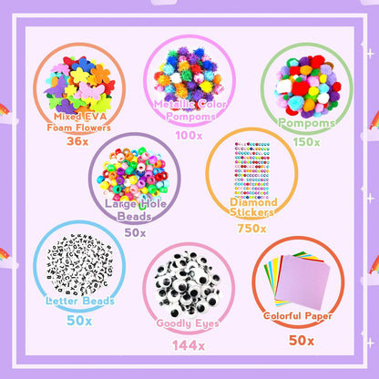 Arts and Crafts Supplies for Kids - 2000Pc Craft Kit with Pipe Cleaners DIY Craft Kit for Kids Art School Supply Materials Set All in Crafting Box Toys Gifts for Girls Boys Age 4 5 6 7 8 9 10 11 & 12