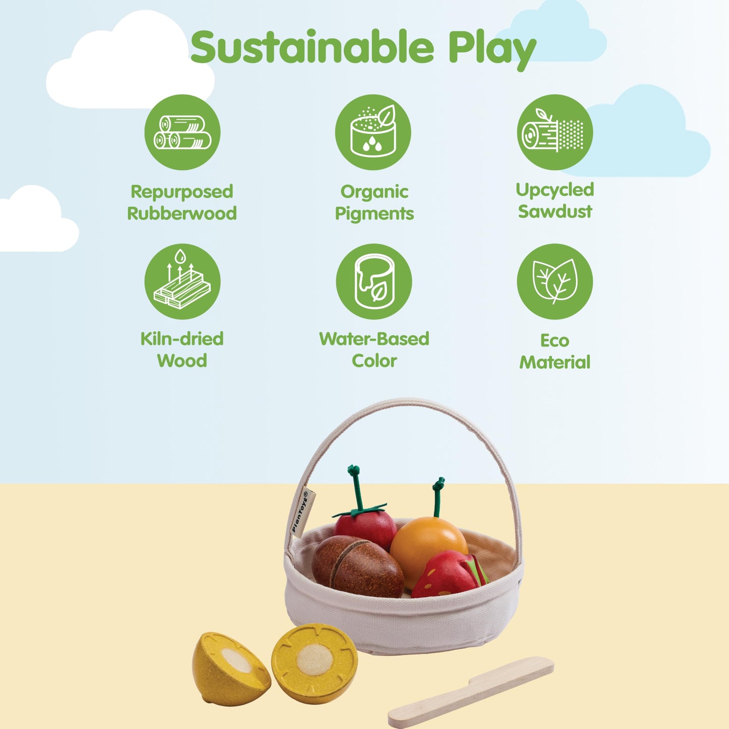 PlanToys® Wooden Berry & Citrus Basket | Montessori Pretend Play Fruit Set for Cutting, Mixing & Serving | Fine Motor Skills, Social Interaction & Eco Friendly Play Food Toy
