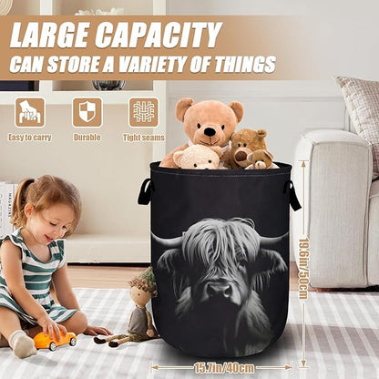 Highland Cow Laundry Basket, Foldable Waterproof Black Laundry Hamper Tote Bag