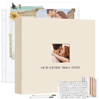 Vienrose Linen Scrapbook Photo Album Kit, Large 3 Ring Binder Scrapbook with 30 Plastic Sleeves, 15x13 Inch DIY Memory Book for Wedding, Anniversary, Family & Kids Keepsake Gift, Beige