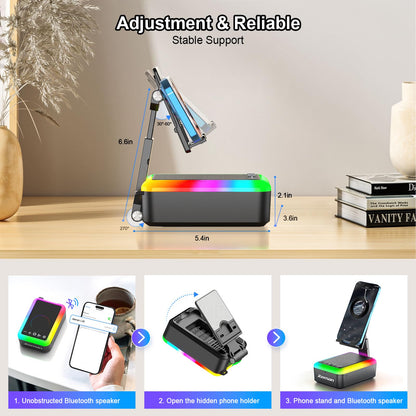 JTEMAN Gifts for Men Women, Cell Phone Stand with Bluetooth Speaker and Light, Portable Lanyard, Cool Tech Gifts for Dad Mom Husband, Unique Birthday Gift Ideas Black