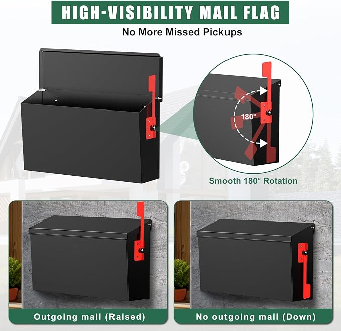 Wall Mount Mailbox for Outside with Flag, Large Capacity Mailbox Wall Mounted, Galvanized Steel Rustproof Metal Mailbox, Modern Mail Box for House Outside, Black, 15.9''x9.6''x5.2''
