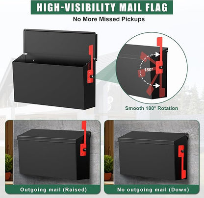 Wall Mount Mailbox for Outside with Flag, Large Capacity Mailbox Wall Mounted, Galvanized Steel Rustproof Metal Mailbox, Modern Mail Box for House Outside, Black, 15.9''x9.6''x5.2''