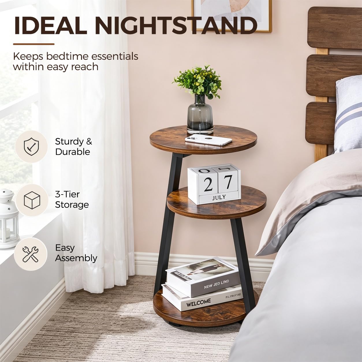 BEWISHOME Round Side Table, 3-Tier End Table, Nightstand with Metal Frame, Vintage Accent Table for Small Spaces with Storage Shelf, Living Room, Bedroom, Brown, 15.35"L x 13.78"W x 23.62"H, KTZ41Z