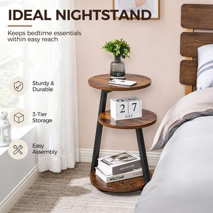 BEWISHOME Round Side Table, 3-Tier End Table, Nightstand with Metal Frame, Vintage Accent Table for Small Spaces with Storage Shelf, Living Room, Bedroom, Brown, 15.35"L x 13.78"W x 23.62"H, KTZ41Z