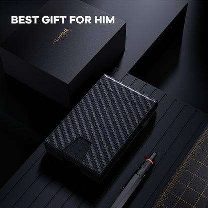 HLHGR Wallet for Men, Gift Boxed Slim Minimalist Wallet for Men with Money Clip and Genuine Leather Slots RFID Blocking Pop Up Metal Aluminum Smart Wallet Card Case (Carbon Fibre Black)