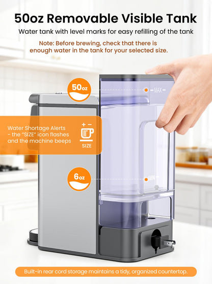 Karosie K Cup Coffee Maker, Hot & Iced Coffee Maker for K Cup and Grounds, 6-14 Oz Brew Sizes, 50oz Removable Tank, Single Cup Coffee Maker with Descaling Reminder, Stainless Steel, Black