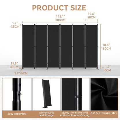 C-Hopetree 6 Panels Room Divider, 6 Ft Tall Indoor Folding Privacy Screen, Portable Partition Separator, Freestanding Separation Temporary Wall for Office, Bedroom, 120" W X 71" H, Black