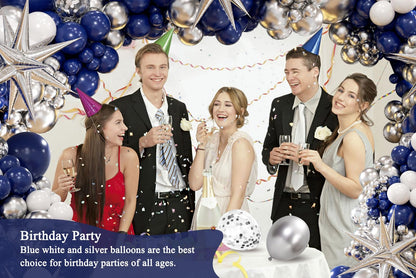 130pcs Navy Blue and Silver Balloon Garland Arch Kit with 3pcs Silver Star Balloons, Royal Blue Metallic Silver White Balloons for Birthday Baby Shower Wedding Graduation Party Decorations
