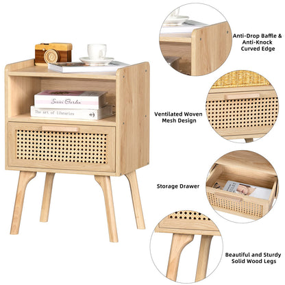 Lerliuo Rattan Nightstand, Boho Side Table with Drawer Open Shelf, Cane Accent Bedside End Table with Solid Wood Legs for Bedroom, Dorm and Small Spaces (Natural)