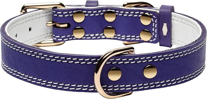 Genuine Leather Dog Collar, Heavy Duty Dog Collar, Wide Dog Collar for Small, Medium, Large and Extra Large Dogs (L: 1.2" Wide for 16.2"-22" Neck, Dual Stitch - Purple)