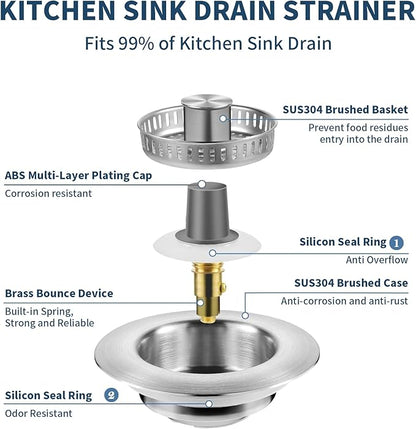 3-in-1 Kitchen Sink Drain Strainer Stopper – 304 Stainless Steel Pop Up Sink