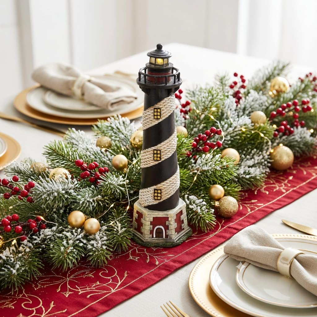 Hosley 8 Inch Resin Tabletop Lighthouse Blinking Light Decor - Ideal Coastal Beach Nautical Gift for Home, Farmhouse, Wedding, Teacher Appreciation