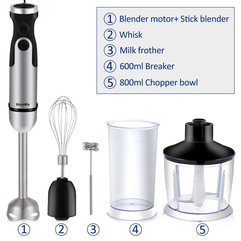 BioloMix Hand Blender 5 in 1 Immersion Blender 1000W, 6 Speed With Turbo Mode hand blenders immersion Stainless Steel Blade With 800ml Chopper, 600ml Mixing Beaker, Whisk and Milk Frother