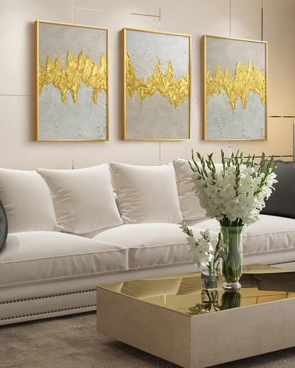 VIYYIEA Metal Framed 3D Texture Large Wall Art Set 3 Pcs Modern Neutral Artwork Abstract Gold Textured Painting Canvas Print for Living Room Bedroom Dining Room Office Gallery - 16x24 inch