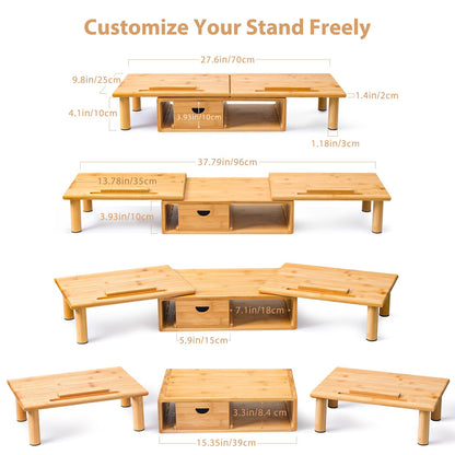 ROCDEER Dual Monitor Stand Riser with Drawer for Desk Laptop Desk Shelf with Adjustable Length and Angle, Bamboo Computer Stand Riser for 2 or 3 Monitors Screen Laptop PC TV -Natural