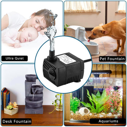 90 GPH Mini Submersible Pump, Small Fountain Pump (5W 350L/H) for water feature, Aquariums, Fish Tank, Tabletop Fountain, Pet Fountain, Indoor or Outdoor Pond Fountain (AC Powered)
