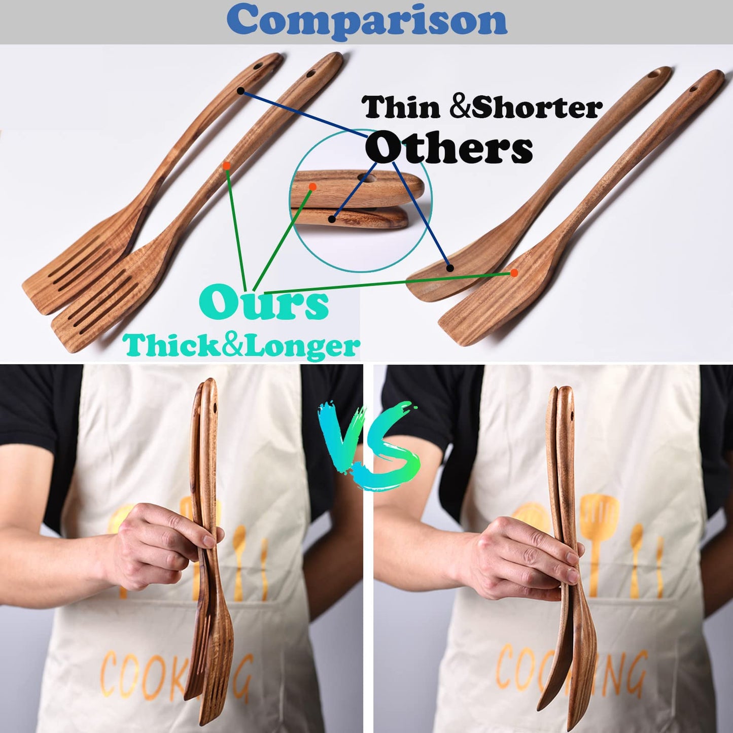Gudamaye 13 inch Long Wooden Spoons for Cooking,Wooden Utensils for Cooking with Utensils Holder,9 PCES Wooden Kitchen Utensils Set with Utensils Holder and Spoon Rest,Natural Teak Wooden Spoons Set