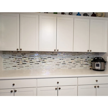Blujellyfish Glass Metal Tile Iridescent White Glass Silver Mirror Stainless Steel Blends Interlocking Strip Wall Tiles TSTNB01 (Pack of 5 Sheets)