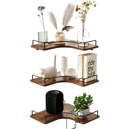FNBAR L-Shaped Corner Floating Shelves Set of 3,Rustic Wood Wall Mounted Storage Shelves,Display Shelf for Bathroom, Kitchen,Bedroom, Living Room, Office (Brown)