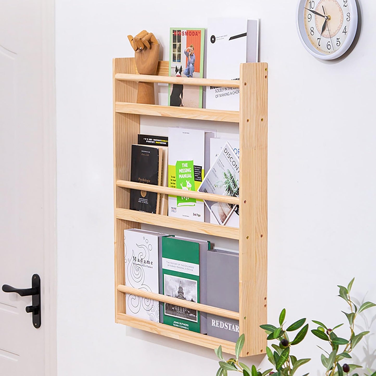 Hanging Bookshelf Magazine Rack - Wooden Magazine Holder with 3 Pockets, Folder Organizer Bin for Magazines, Books, and Newspapers - Literature Storage Solution