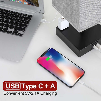 Soilsiu Bedside Table Lamp for Bedroom - Touch Small Lamp with USB C+A Charging Ports & AC Outlets, 3 Way Dimmable Nightstand Light for Living Room (LED Bulb Included, Grey)