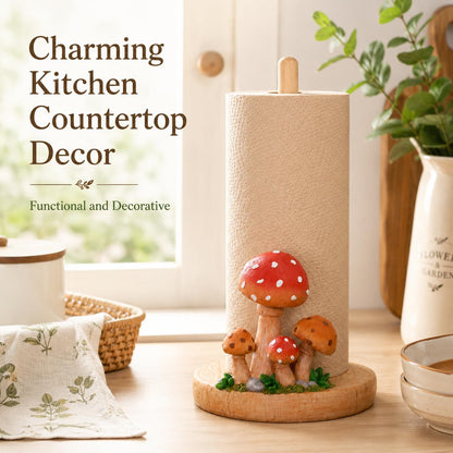 Mushroom Paper Towel Holder, Hand-Carved Resin & Wood Tissue Holder with Large Non-Slip Base, Decorative Kitchen Countertop Paper Towel Stand for Bathroom, Living Room, Farmhouse Decor