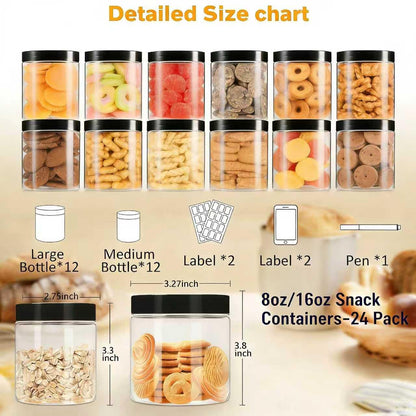 Large & Small Plastic Jars Combo (24 Pack) 12 Large 16 oz & 12 Small 8 oz Leak-Proof Clear Containers with Lids, Mason Jars, Perfect for Storing Spices, Cookie, Candy, and Dry Food, Empty Jars