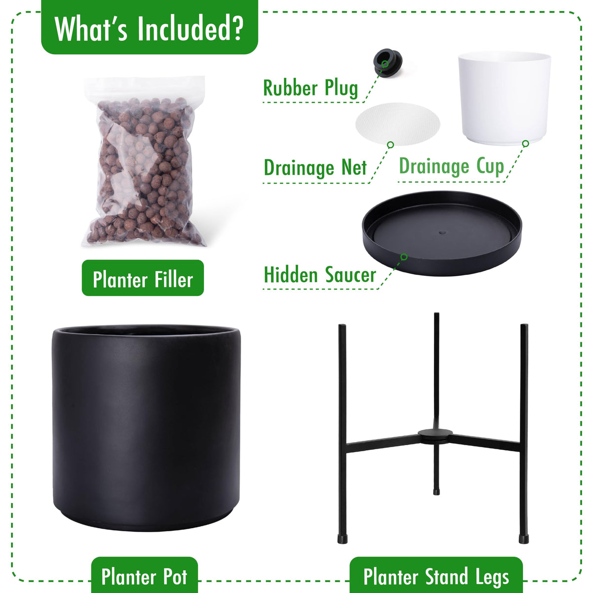 D'vine Dev Modern Black Plants Pot Cylinder Planter with Heavy Duty Stand, Large 12 Inch Pot, 17.6 Inch with Stand Height, 96-T-B-3