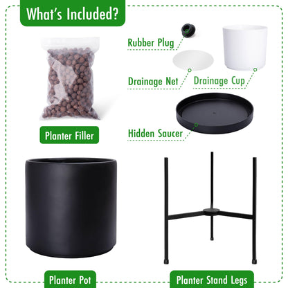 D'vine Dev Modern Black Plants Pot Cylinder Planter with Heavy Duty Stand, Large 12 Inch Pot, 17.6 Inch with Stand Height, 96-T-B-3