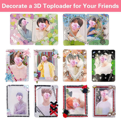 PALM LASHES K-pop DIY Photocard Toploader Decoration Kit – Includes 10pcs Hard Photocard Holder Sleeve 3D Flowers & Ribbon Bows, Stickers, and 3D Sticker for Card Trading