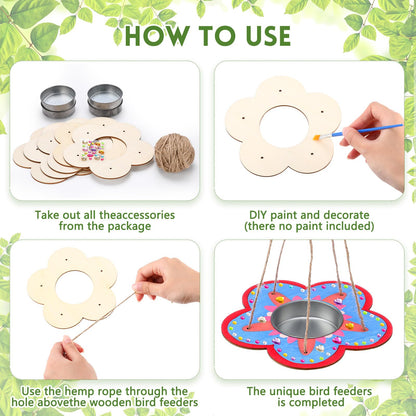 CroBlissful 12 Pack Bird Feeder Craft Kits for Kids DIY Your Own Bird Feeders with Paint and Paintbrushes Wooden Arts and Crafts for Kid Ornaments to Paint Feeders Craft for Garden(Flower Shape)