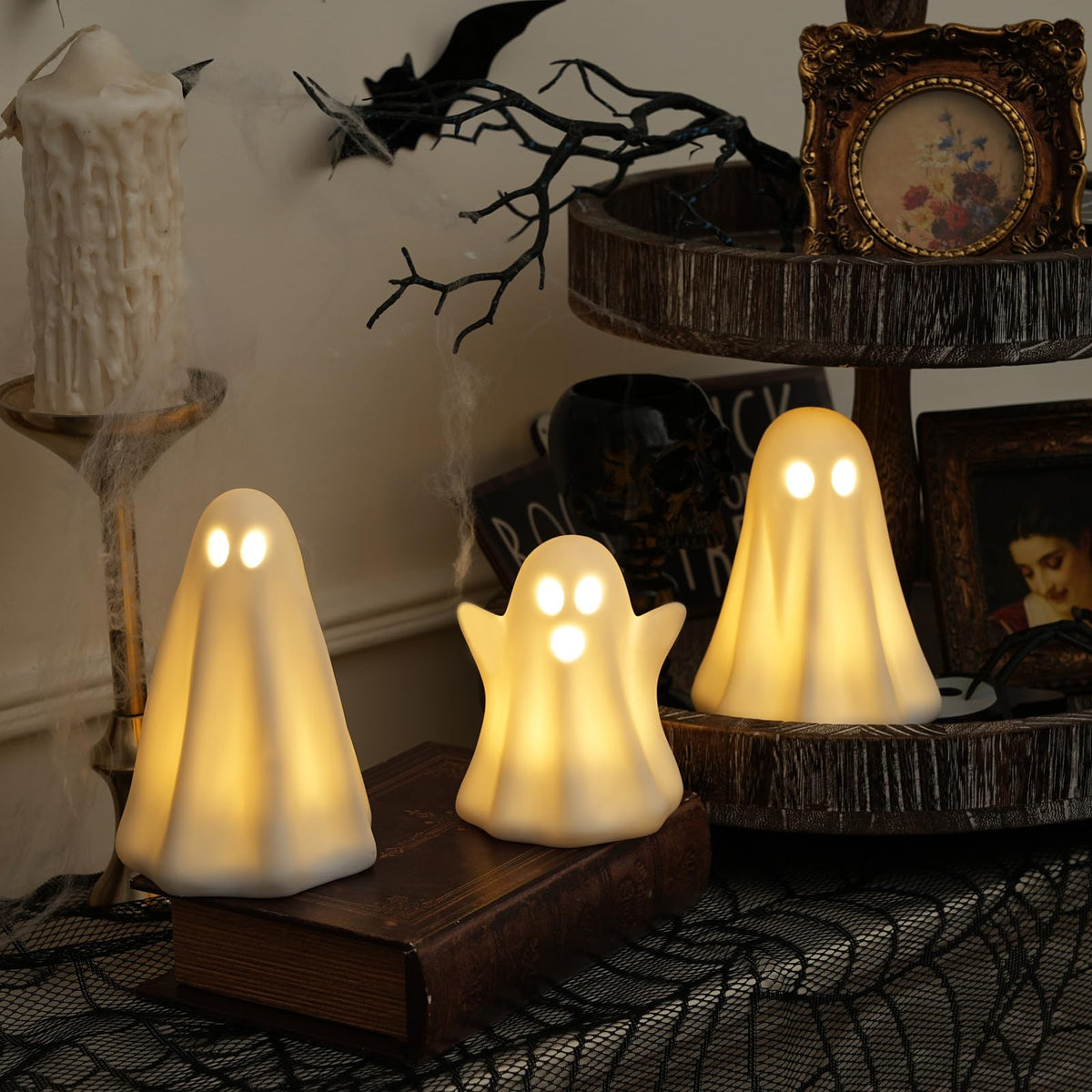 Light Up Ghost Halloween Decor - 3 Pack Ceramic White Ghost Figurines - Indoor, Table, Tray