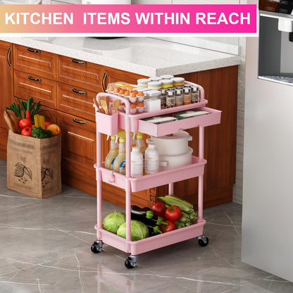 Goovilla 3 Tier Rolling Utility Cart Organizer with Removable Drawer, Stable and Sturdy Black Rolling Storage Carts with 2 Lockable Wheels for Bathroom, Kitchen, Snack, Craft, Makeup, Baby Essentials