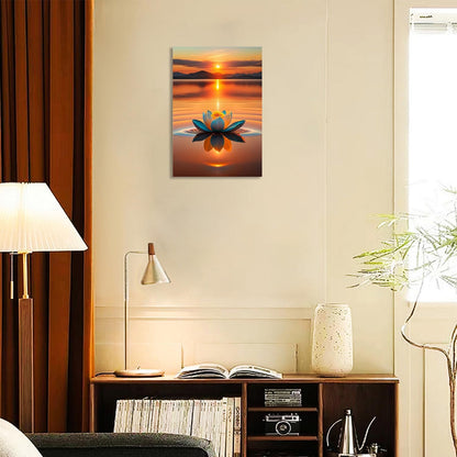 Sunset Lotus Wall Art–Lotus Blooming In The Water,Serene Lake Meditation Canvas Art,Yoga Spa Meditation Room Decor, Modern Spiritual Poster Prints For Zen Office Framed 12"X 16"