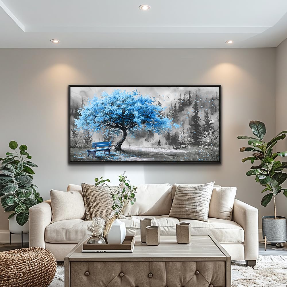 ZUITINGHUA Black Framed Canvas Wall Art For Living Room Wall Decor For Bedroom Office Wall Decoration Blue Tree Landscape Painting Black And White Picture Artwork Room Aesthetic Home Decor 20x40 In