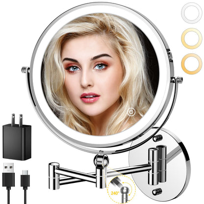 9" Wall Mounted Lighted Makeup Mirror,4000mAh Rechargeable Double Sided 1X/10X Magnifying Mirror with Light,Touch Dimmable,Extended Arm 360 Rotation Wall Mounted Makeup Mirror 3 Color Lights-Black