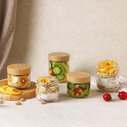 Moretoes 6 Pack Overnight Oats Containers with Lids, 10oz Glass Storage for Dry Food, Jars with Lids for Yogurt & Salad, Portable for Picnic & Lunch, Transparent Square Design for Kitchen Pantry Jars