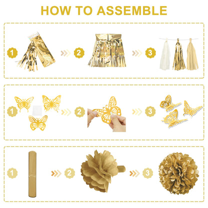 White and Gold Birthday Party Decorations Kit for Women Girls, Gold White Sand Confetti Foil Balloons Happy Birthday Banner Fringe Curtains Butterfly Garland Baptism Communion Supplies