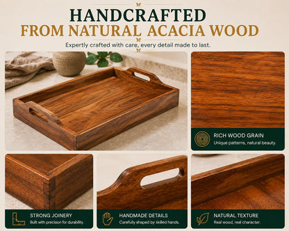 WEBHUSHI Acacia Wood Serving Tray - 16 Inch Brown Wooden Tray with Natural PU Coating for Kitchen and Dining