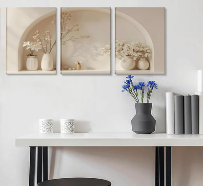 3pcs Framed Canvas Wall Art Arched Wabi Sabi Niche Textured Vases Dried Florals Posters Prints Pictures Paintings Minimalist Warm Beige Wall Decor for Bedroom Living Room Bohemian Decoration