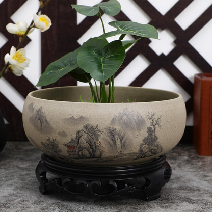 DOITOOL Blue and White Porcelain Planter with Ceramic Base 6.69In Lotus Flower Pot Indoor Hydroponic Bonsai Decorative Plant Container for Home Garden Office
