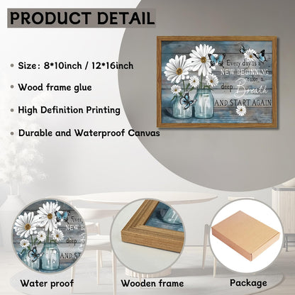 Wood Framed Daisy Butterfly Wall Art, Blue Rustic Farmhouse Canvas Wall Decor Paintings, Inspirational Flower Still Life Posters Prints Pictures for Bathroom Bedroom Home Decor 12x16 Inch