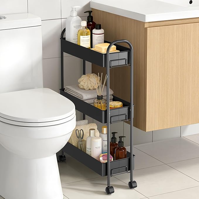 Slim Rolling Cart, Metal Frame Utility Rolling 3-Tier Narrow Storage Cart with Handle Kitchen Storage Organizer, Mobile Shelving Unit for Bathroom Kitchen
