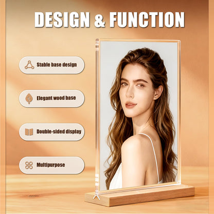 obivioo 4×6 inch Acrylic Table Top Sign Holder with Beech Wood Base – Double-Sided Menu Display Stand, QR Code Frame, Small Table Sign for Restaurant & Wedding(6pack)